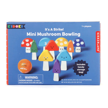 Box titled 'It's a Strike! Mini Mushroom Bowling' with a picture of mushroom shaped pins and a ball.