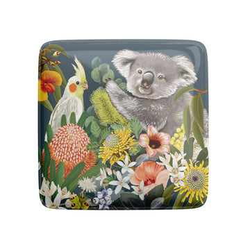A square resin magnet illustrated with a koala, cockatiel and flowers.