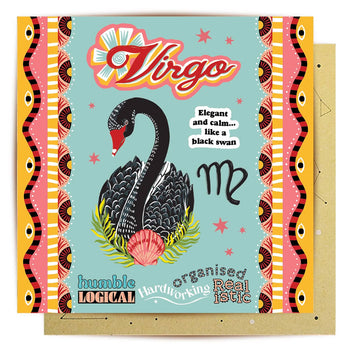 Card with a black swan illustration and Virgo zodiac text on a colorful background.