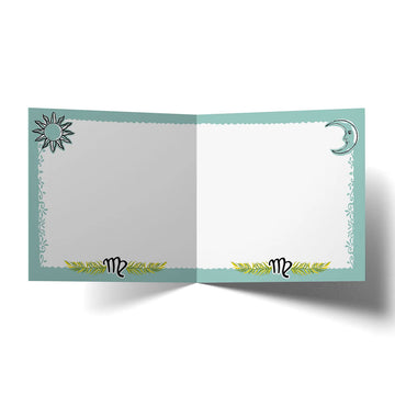Card with a black swan illustration and Virgo zodiac text on a colorful background.