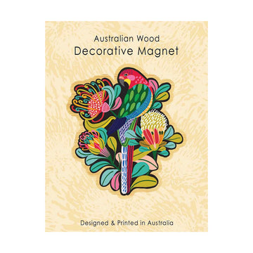 Decorative magnet with a colorful rosella design on a wooden background, labeled 'Australian Wood Decorative Magnet'.