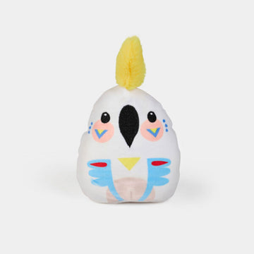 A cockatoo soft toy in a bean shape.