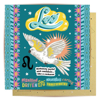 Card with a colorful design featuring a cockatoo and astrological text on a blue background.