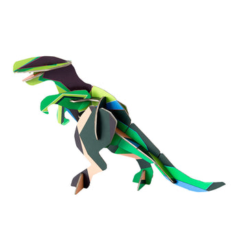 A 3D model of a T Rex in green made from cardboard.