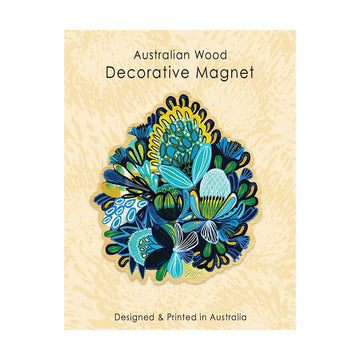 Decorative magnet with a blue floral design on a wooden background, labeled 'Australian Wood Decorative Magnet'.