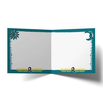 Card with a colorful design featuring a cockatoo and astrological text on a blue background.