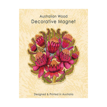 Decorative magnet with floral design on a beige background, labeled 'Australian Wood Decorative Magnet'.