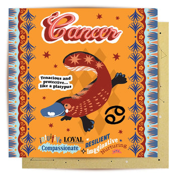 Card with illustration of a platypus and Cancer zodiac text on an orange background.