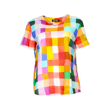 A women's short sleeve top with a colourful checkered pattern.