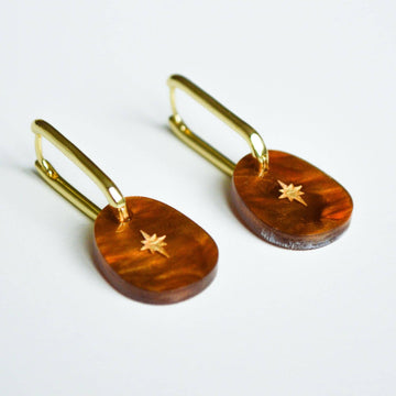 A pair of gold hoop earrings with an amber coloured charm with a gold star hanging off the hoop.