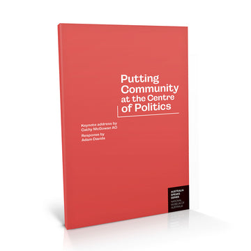 'Putting Community at the Centre of Politics' book cover featuring the title written in white on a red background.