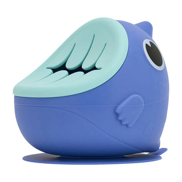 A blue bowl shaped like a dinosaur with a silicone lid for its mouth.