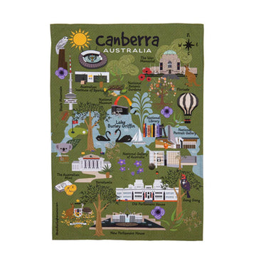 Illustrated map of Canberra, Australia with landmarks and icons on a green background