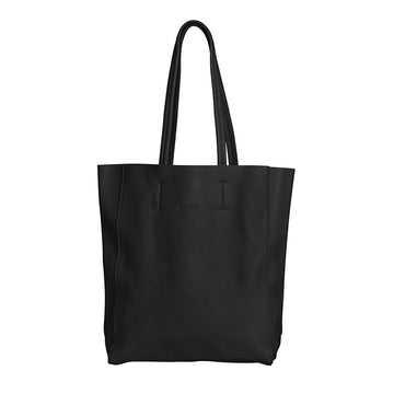 Front view of a black tote bag.
