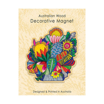 Decorative magnet with colorful floral design on a wooden background, labeled 'Australian Wood Decorative Magnet'.
