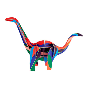 A 3D model of a diplodocus dinosaur made from cardboard painted colourfully.