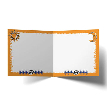 Card with illustration of a platypus and Cancer zodiac text on an orange background.