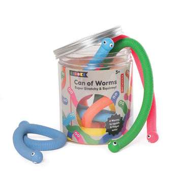 A clear container filled with coloured worm toys and the title 'Can of Worms' on the container.