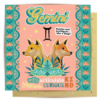 A square card with an illustration of two dingos and the heading 'Gemini'.
