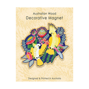 Decorative magnet with a design of two yellow birds and flowers on a wooden background, labeled 'Australian Wood Decorative Magnet'.