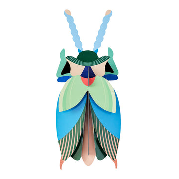 A 3D wall art beetle made from coloured cardboard.