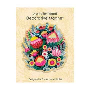 Decorative magnet with floral design on a beige background, labeled 'Australian Wood Decorative Magnet'.