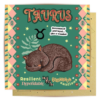 A square greeting card with an illustration of a sleeping wombat and the heading 'Taurus'.