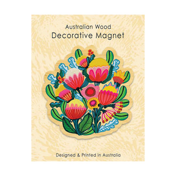 Decorative magnet with floral design on a beige background, labeled 'Australian Wood Decorative Magnet'.
