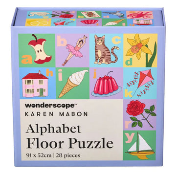 A puzzle box titled 'Alphabet Floor Puzzle' with letters and images matching the letter including an apple, cat and icecream. 