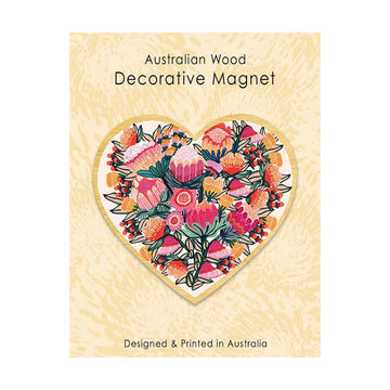 Heart-shaped decorative magnet with floral design on a wooden background, labeled 'Australian Wood Decorative Magnet'.