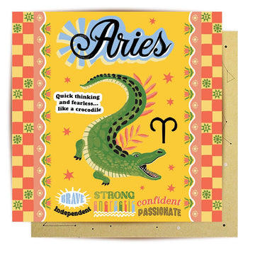 Aries zodiac card with a crocodile illustration on a yellow background.