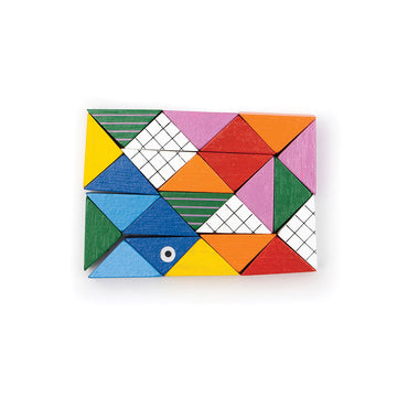 A toy made up of coloured triangular blocks attached together.