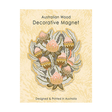 Decorative magnet with floral design on a beige background, labeled 'Australian Wood Decorative Magnet'.