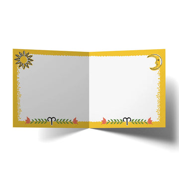 Aries zodiac card with a crocodile illustration on a yellow background.