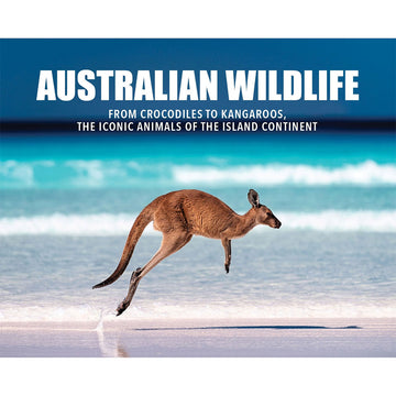 'Australian Wildlife' book cover featuring a photo of a kangaroo hopping across the beach.