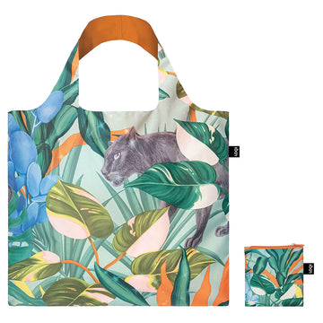 A reusable shopping bag illustrated with leaves and a black panther next to a matching pouch.