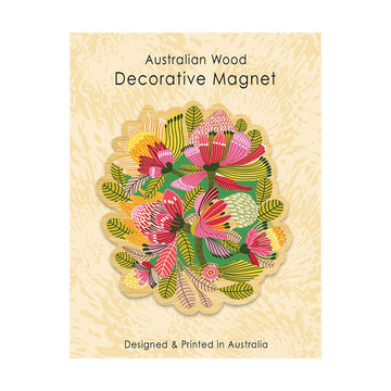 Decorative magnet with floral design on a beige background, labeled 'Australian Wood'.