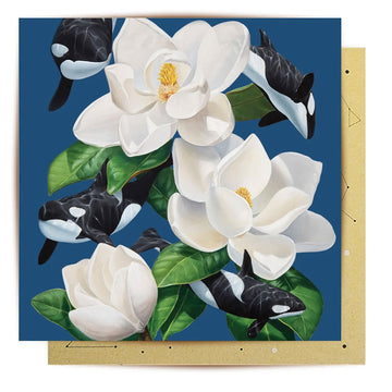A square greeting card with illustrations of whales and flowers.