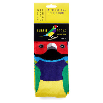 Colorful parrot-themed socks with packaging on a white background.
