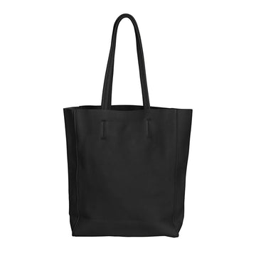 Front view of a black tote bag.
