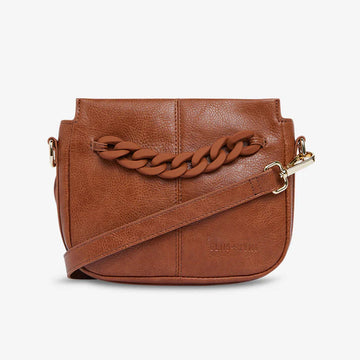 Front view of a tan cross body bag with a matching strap and chain detail along the top.