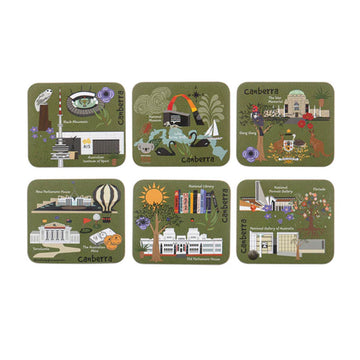 Set of six illustrated coasters featuring landmarks and symbols of Canberra on a green background.