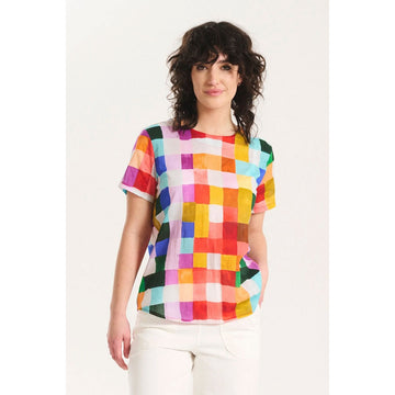 A women's short sleeve top with a colourful checkered pattern.