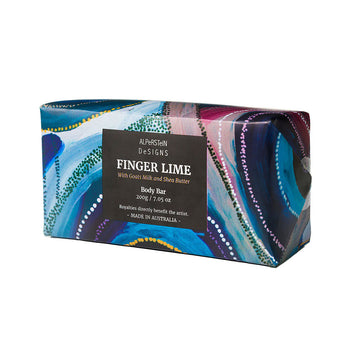 Colorful soap packaging with 'Finger Lime' product information on a white background.
