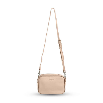 A pink Bag with a long strap and Hoopla embossed on the front.