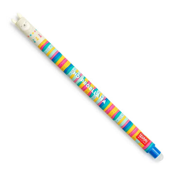 A pen with a coloured stripe pattern and a llama face at the top with the text 'No Probllama' written over the stripes.