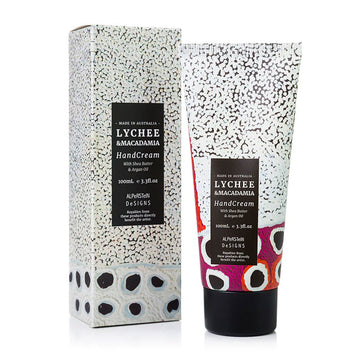 Lychee & Macadamia hand cream with matching box packaging on a white background.