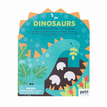 An activity set titled 'Dinosaurs Colouring Book and Stickers' with an illustration of a dinosaur eating leaves.