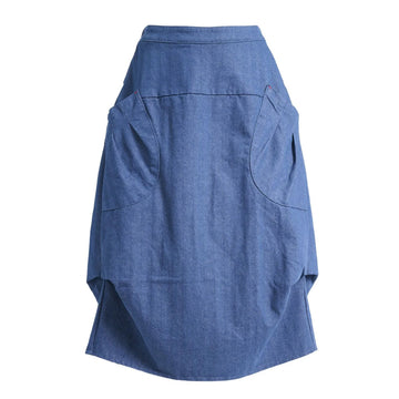 A light denim skirt with side pockets and side tucks.