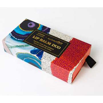 Lip balm duo packaging box with colorful design on a white background.